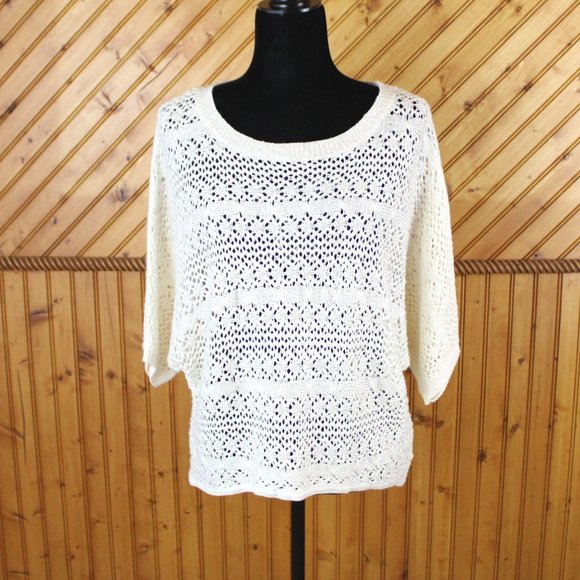 La Chapelle Sport Sweater White Silver Sequins Open Knit Large High Low CA136 - Picture 2 of 11